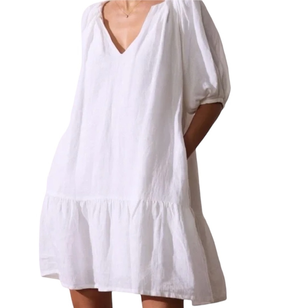 Brochu Walker The Bree Dress 100% Linen White Blouson Sleeve Women’s Small